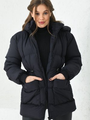 Siyah Bel Büzgülü Torba Cep Kapüşonlu Mont Siyah Bel Büzgülü Torba Cep Kapüşonlu Mont