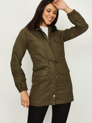 Haki Kürk Kapüşonlu Çıtçıt Kapamalı Parka