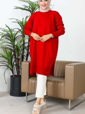 Kırmzı Bisiklet Yaka Eteği Yırtmaçlı Şık Merserize Salaş Triko Tunik Kırmzı Bisiklet Yaka Eteği Yırtmaçlı Şık Merserize Salaş Triko Tunik