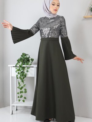 Haki Piliseli Pulpayetli Abiye Elbise Haki Piliseli Pulpayetli Abiye Elbise