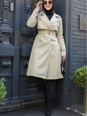 Tokalı Kemerli Açık Haki Trençkot