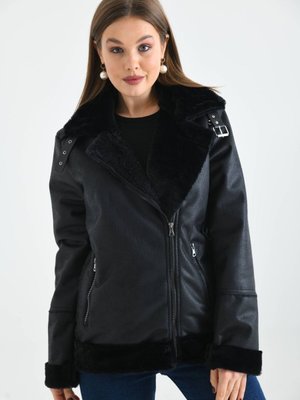 Siyah Yakası Kemerli Deri Mont Siyah Yakası Kemerli Deri Mont