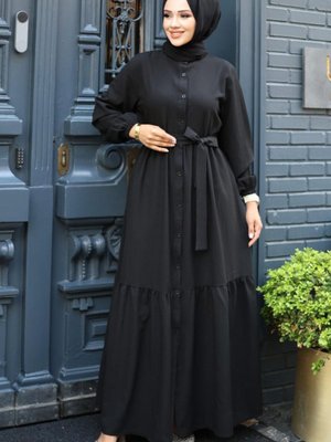 Düğmeli Kat Detaylı Ferace Siyah