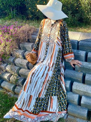 Haki Krem Oversize Yazlık Viskon Elbise