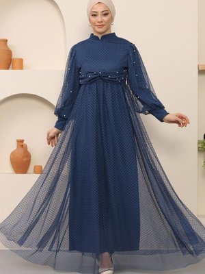İndigo İnci Detaylı Tül Abiye Elbise