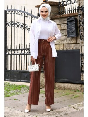 Kahverengi Bol Paça Çizgili Pantolon Kahverengi Bol Paça Çizgili Pantolon
