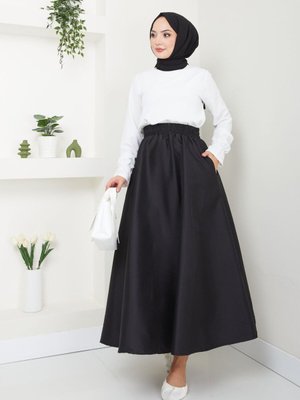 Siyah Cep Detaylı Paraşüt Uzun Etek
