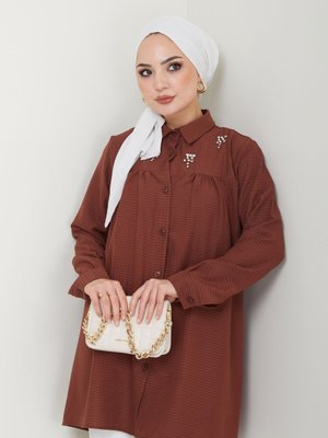 Kahverengi Gömlek Yaka Taşlı Tunik