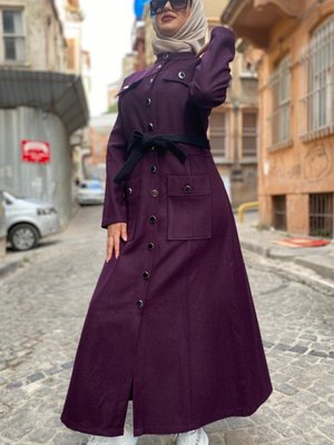 Mor Düğme Detay Kaşe Kaban