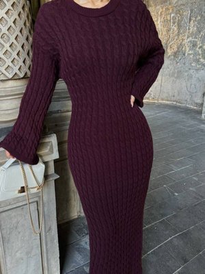 Bordo Saç Örgü Desenli Uzun Kollu Triko Elbise