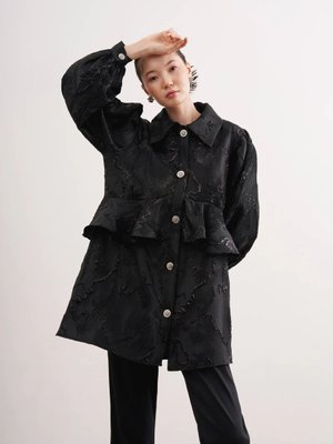 Fırfır Detaylı Jakar Ceket Siyah