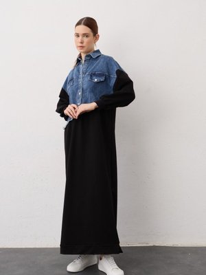 Siyah Denim Detaylı Çıt Çıtlı Pamuklu Örme Elbise