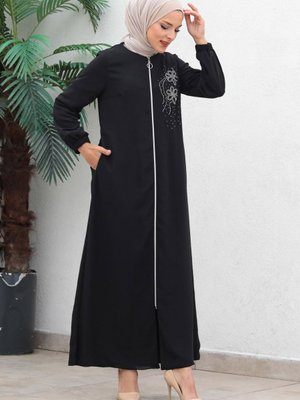 Siyah Fermuarlı Şifon Abiye Ferace Siyah Fermuarlı Şifon Abiye Ferace