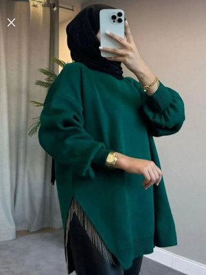 Yeşil Bisiklet Yaka Yırtmaç Taşlı Balon Kollu Oversize Triko Tunik Yeşil Bisiklet Yaka Yırtmaç Taşlı Balon Kollu Oversize Triko Tunik