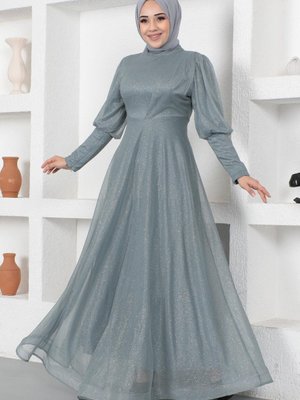 Gri Manşeti Fermuar Detaylı Simli Abiye Elbise Gri Manşeti Fermuar Detaylı Simli Abiye Elbise