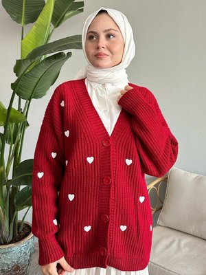 Kalp Desenli Kırmızı Triko Hırka Kalp Desenli Kırmızı Triko Hırka