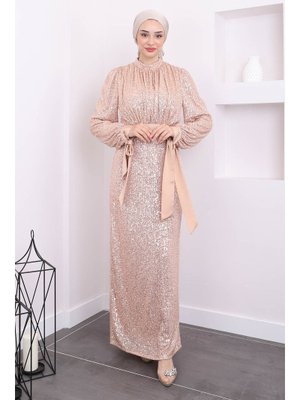 Pudra Kol Bağlamalı Pul Payetli Abiye Elbise