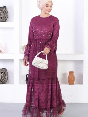 Mürdüm İncili Dantelli Volan Kol Abiye Elbise