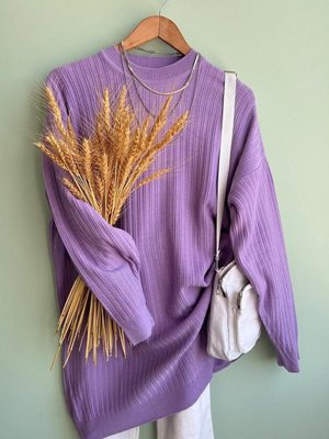 Lila Bisiklet Yaka Kendinden Çizgili Triko Tunik