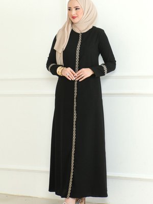 Nakışlı Fermuarlı Krep Kumaş Ferace