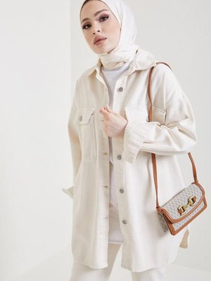 Kadın Krem Cepli Kot Ceket T