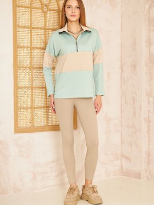Mint Bej Uzun Kol Fermuarlı Polo Yaka Color Block Basic Salaş Bluz Sweatshirt