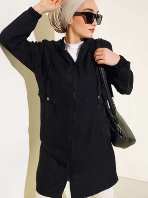 Siyah Araboy Kapüşonlu Fermuarlı Keten Kap Siyah Araboy Kapüşonlu Fermuarlı Keten Kap