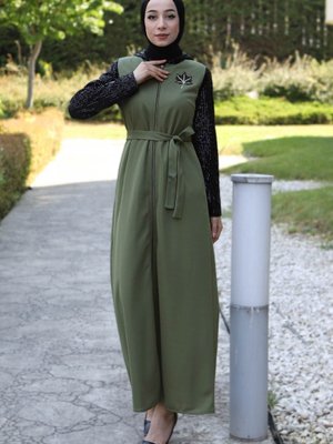 Haki Pulpayet Detaylı Ferace Haki Pulpayet Detaylı Ferace