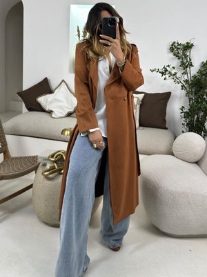 Camel Güderi Uzun Trençkot