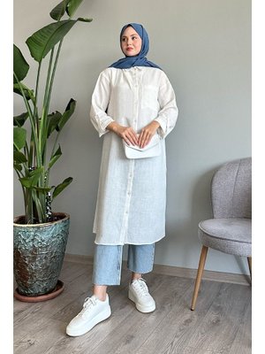 Keten Cepli Uzun Beyaz Salaş Gömlek