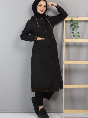 Siyah Kapüşonlu Ribanalı Trençkot