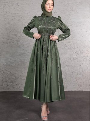 Renkli Dalgalı Minik Boncuk İşlemeli Abiye Elbise Haki