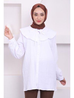 Beyaz Bebe Yaka Bürümcük Tunik