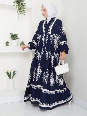 Lacivert Etnik Desenli Elbise Lacivert Etnik Desenli Elbise