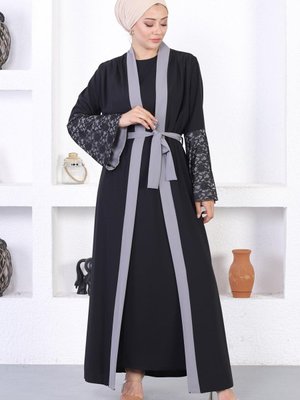 Antrasit Dantel Detaylı Abaya Antrasit Dantel Detaylı Abaya