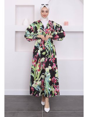 Siyah/fuşya Kol Bel Lastikli Desenli Elbise Siyah/fuşya Kol Bel Lastikli Desenli Elbise