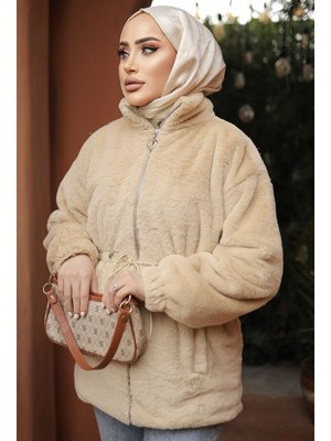 Bej Tünel Bağcıklı İçi Astarlı Peluş Mont