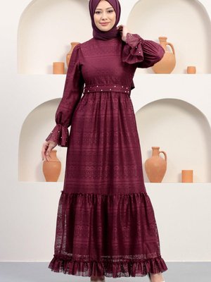 Bordo İnci Detaylı Dantel Abiye Elbise Bordo İnci Detaylı Dantel Abiye Elbise