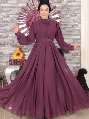 Mürdüm Taş Detaylı Şifon Abiye Elbise