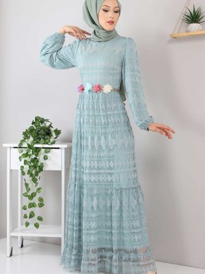 Mint Kemeri Çiçekli Elbise