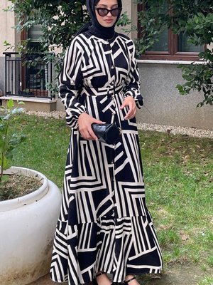Siyah Ekru Kemerli Oversize Yazlık Viskon Elbise