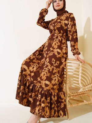 Kahverengi Renkli Desenli Kuşaklı Bürümcük Elbise Kahverengi Renkli Desenli Kuşaklı Bürümcük Elbise