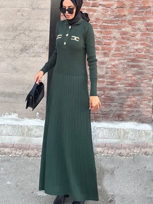 Yeşil Kamel Dügmeli Fitilli Elbise