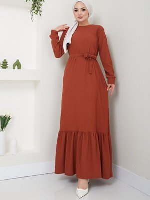 Kiremit Eteği Fırfırlı Bisiklet Yaka Kuşaklı Elbise