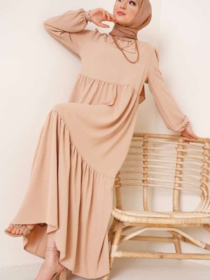 Bej Yakası Büzgü Detaylı Ayrobin Elbise Bej Yakası Büzgü Detaylı Ayrobin Elbise