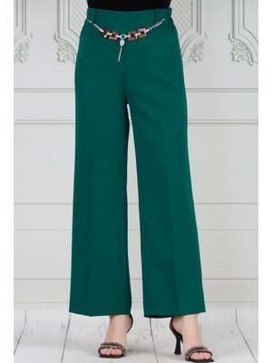 Zümrüt Yeşili Zincir Detaylı Bol Paça Pantolon