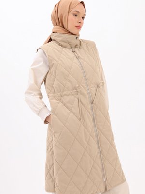 Bej Kapitoneli Fermuarlı Beli Büzgülü Yelek