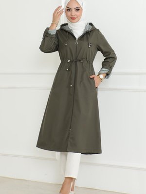Haki Kapüşonlu Fermuarlı Trençkot
