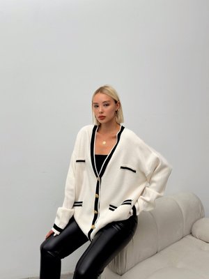 Krem V Yaka Şerit Detaylı Triko Hırka