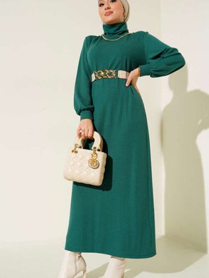 Yeşil Balıkçı Yaka Bürümcük Elbise Yeşil Balıkçı Yaka Bürümcük Elbise